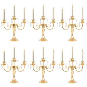 Metal 3 Arm Gold Candelabra with Crystal Pendants - 11.8 Inch Tall Candle Holders, Set of 6 - Elegant Taper Candlestick Stand for Wedding, Dining Table, Party Home Decoration