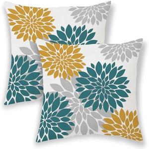 Aqua Teal Mustard Yellow Summer Outdoor Pillow Covers 18x18 Inch 2 Pcs, Geometric Elegant Dahlia Floral Decorative Throw Pillows, Grey Flower Decor Pillowcase Linen Cushion Cover for Car Couch