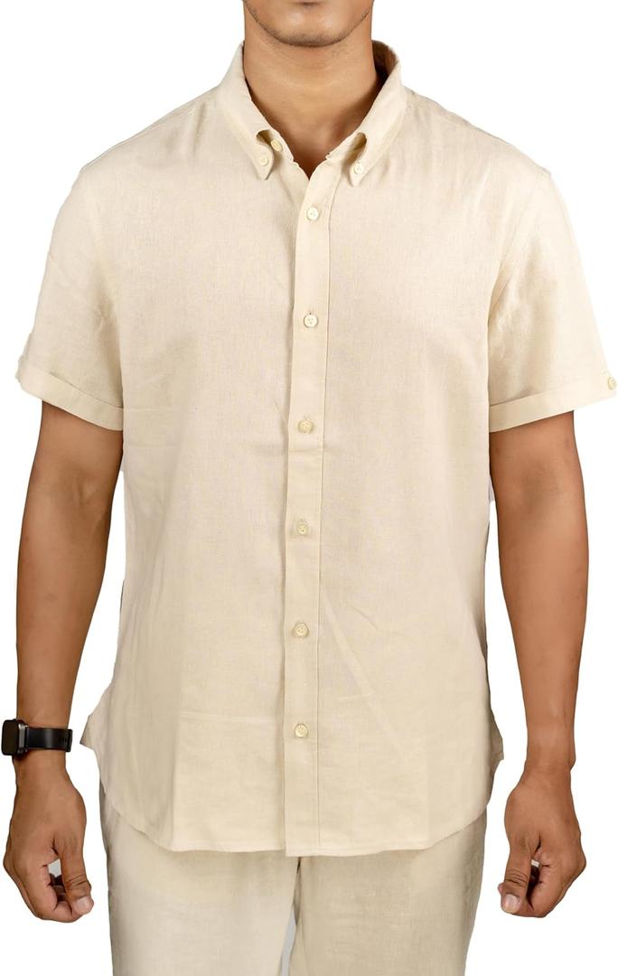 Mens Linen Blend Short Sleeve Casual Shirt for Vacation, Holiday, Casual Party, Lightweight Button Down Shirt (Large, Oatmeal)
