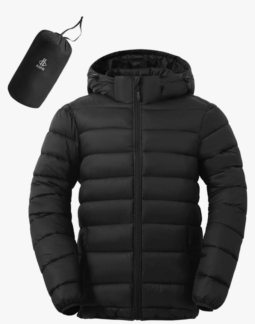 ASPO Men's Packable Lightweight Puffer Winter Jackets Detachable Hood Waterproof Warm Insulated Down Coats Hiking Snow Travel Black, Size: XXL