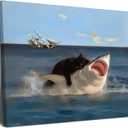 Yaneiro Framed Black Cat Bathroom Wall Art, Funny Quirky Cat and Shark Pictures Canvas Print, Abstract Black Cat Shark Posters Wall Decor for Room Bedroom Living Room Bathroom 12x16 in