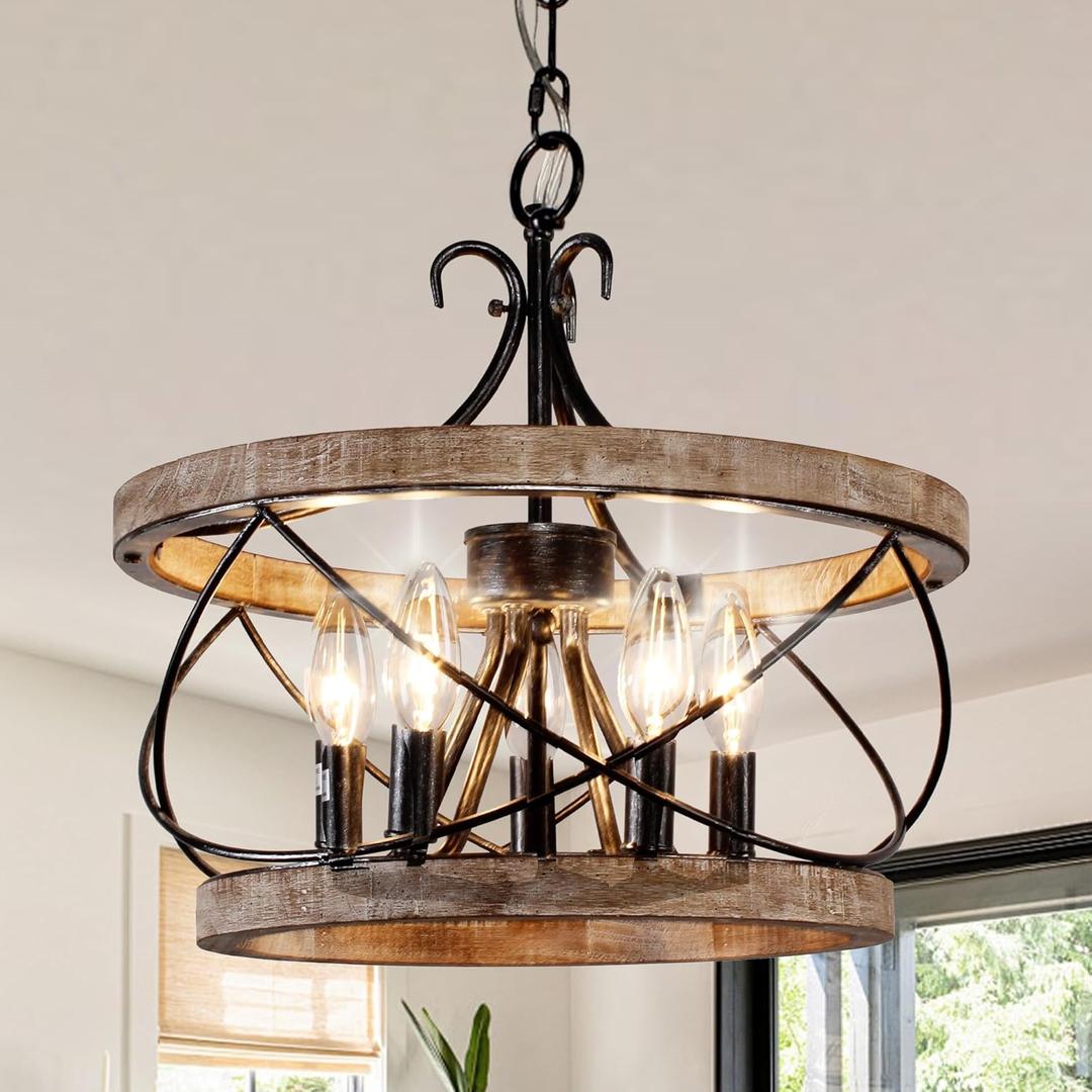 Farmhouse Wood Chandelier Light Fixture, 16 Inch Dining Room Light Fixture Over Table, 5-Light French Country Rustic Industrial Drum Chandelier for Kitchen Dining Room Entryway, wood-2
