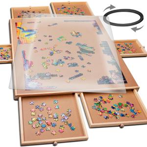 PlayVibe 1500 Piece Rotating Puzzle Board with Drawers and Cover - Sturdy Jigsaw Puzzle Table with 6 Drawers 26" x 35" - Portable Puzzles Boards with Lazy Susan, Wooden, Spinning Puzzles Accessories (1500 pcs - Rotating)