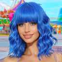 Blue Bob Wigs with Bangs for Women Short Colorful Wavy Curly Synthetic Wig for Cosplay Halloween Costume Party Use 14Inch