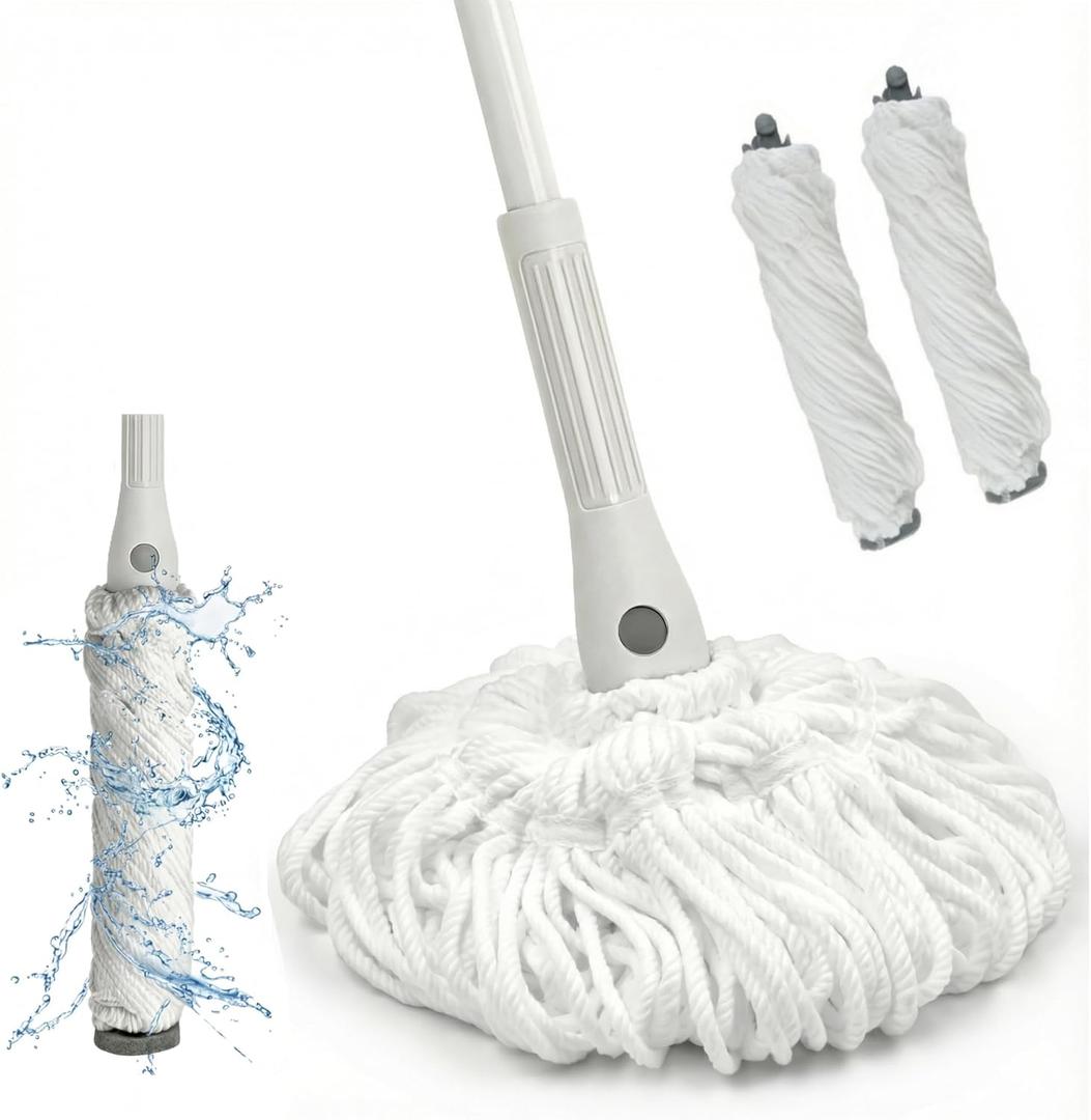 Self Wringing Mop for Floor Cleaning with 2 Reusable Heads, Easy Wringing Twist Mop with 55 Inches Long Handle and Top Scouring Pad, Wet and Dry Mops