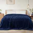 Exclusivo Mezcla Queen Size Flannel Fleece Blanket, Super Soft Striped Jacquard Bed Blanket, Lightweight Fuzzy Cozy for All Seasons, 90x90 Inches, Navy Blue