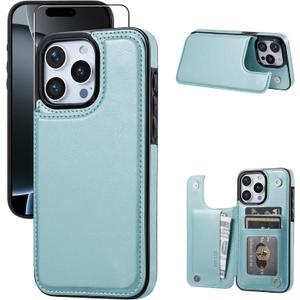 Wallet Case Compatible with iPhone 16 pro, Slim Protective case with Card Holder,PU Leather Kickstand Card Slots Case with Double Magnetic Clasp for iPhone 16 pro 6.3-Ice Blue