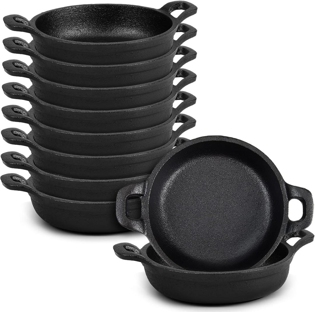 Ziliny 10 Pack Mini Cast Iron Skillets 5 x 5 x 1.3 Inch Cast Iron Pan Small Ramekin Set Black Casserole Dish Cookware Oven Safe Mini Skillets for Kitchen Indoor Outdoor Picnic