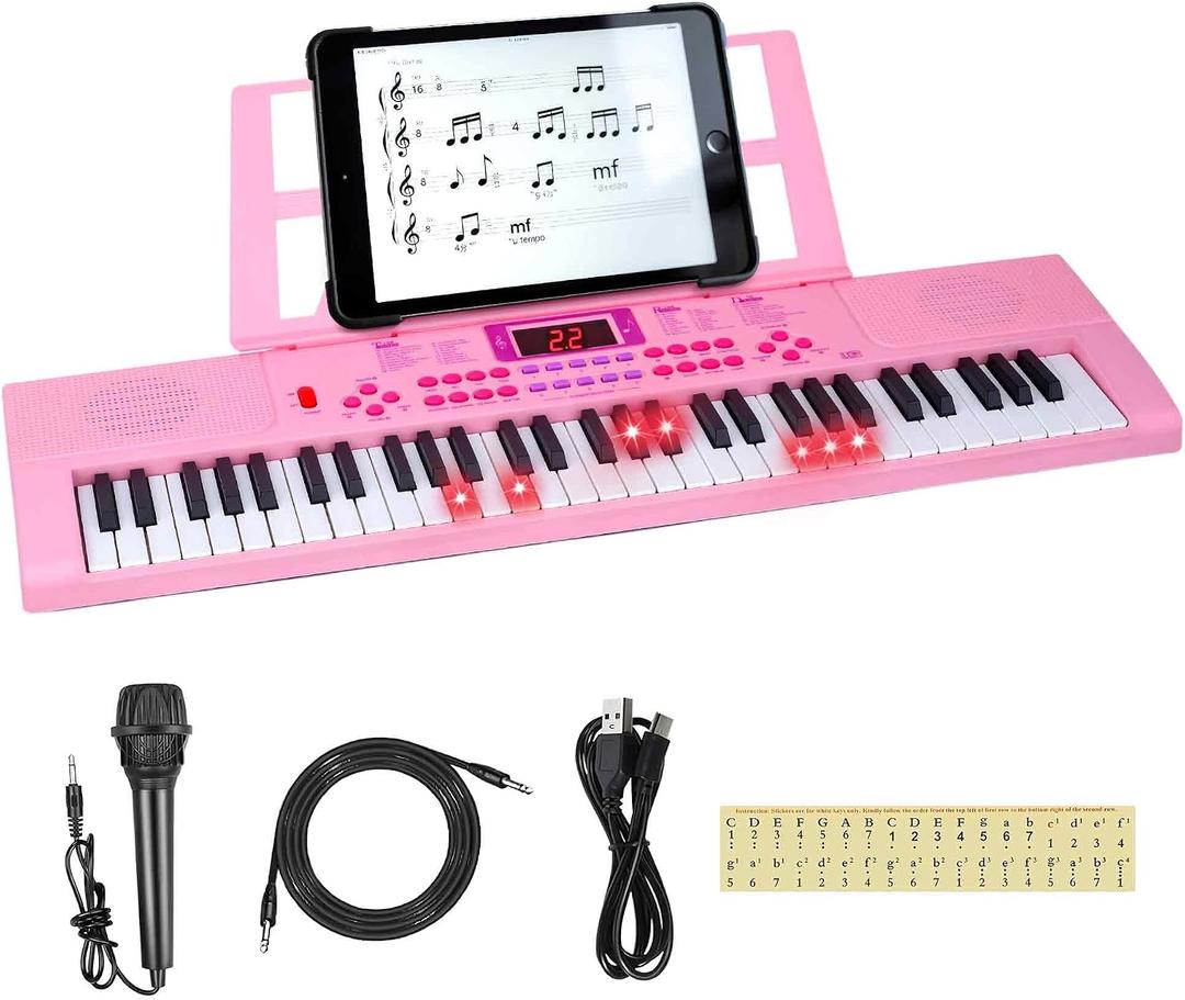 Kids Keyboard Piano, 61 Light-up Key Electric Piano Musical Learning Toy for Beginners with Microphone, Music Stand, Notekey Sticker, Birthday Xmas Gift for 3-10 Years Old, Pink, 26.8 Inches X 7.9 Inches X 2.2 Inches