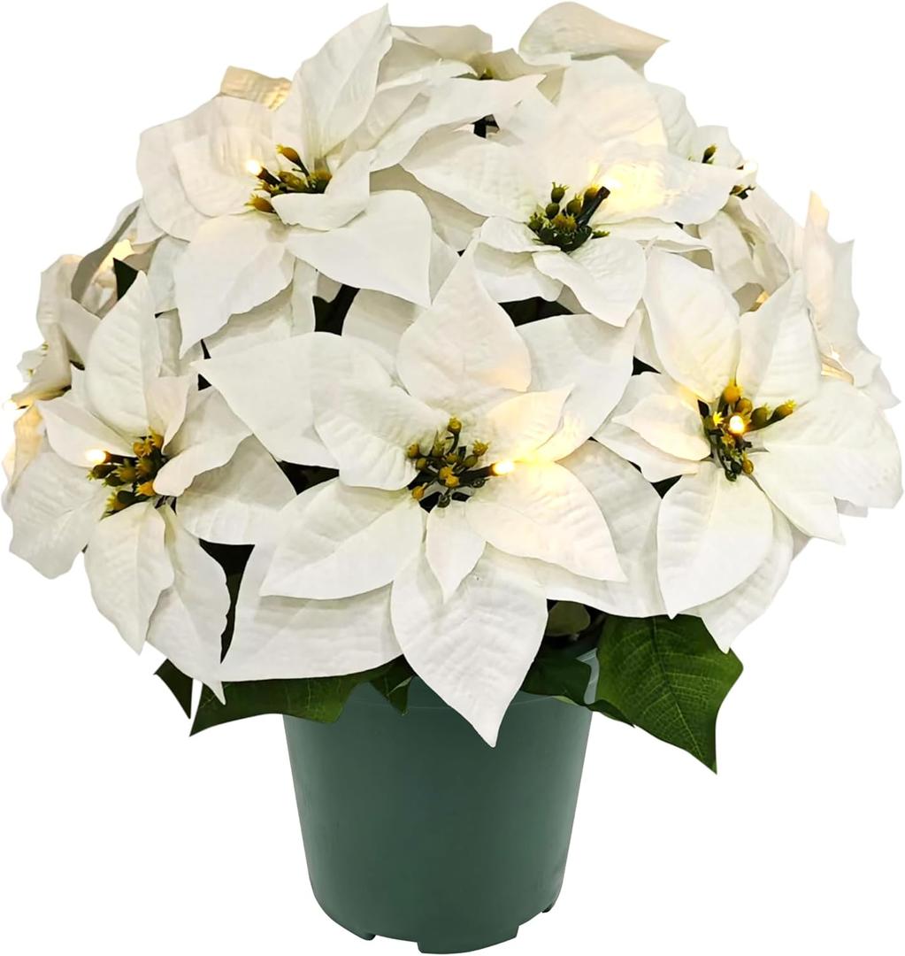Puleo International 19" Pre-Lit Battery-Operated Artificial Potted White Poinsettias