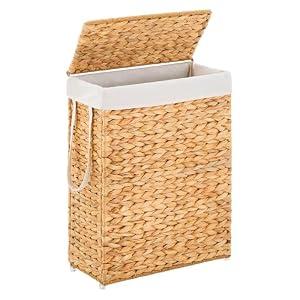 Handwoven Slim Laundry Hamper with Lid, Narrow Wicker Laundry Basket, Natural Water Hyacinth Basket and Handleswith Removable Liner Bag & 2 Mesh Bags (Natural with Lid, 55L)