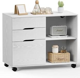 3 Drawers Lateral File Cabinet, Rolling Wooden Printer Stand Under Desk Storage Organizer with 4 Wheels Adjustable Shelf for Office Home