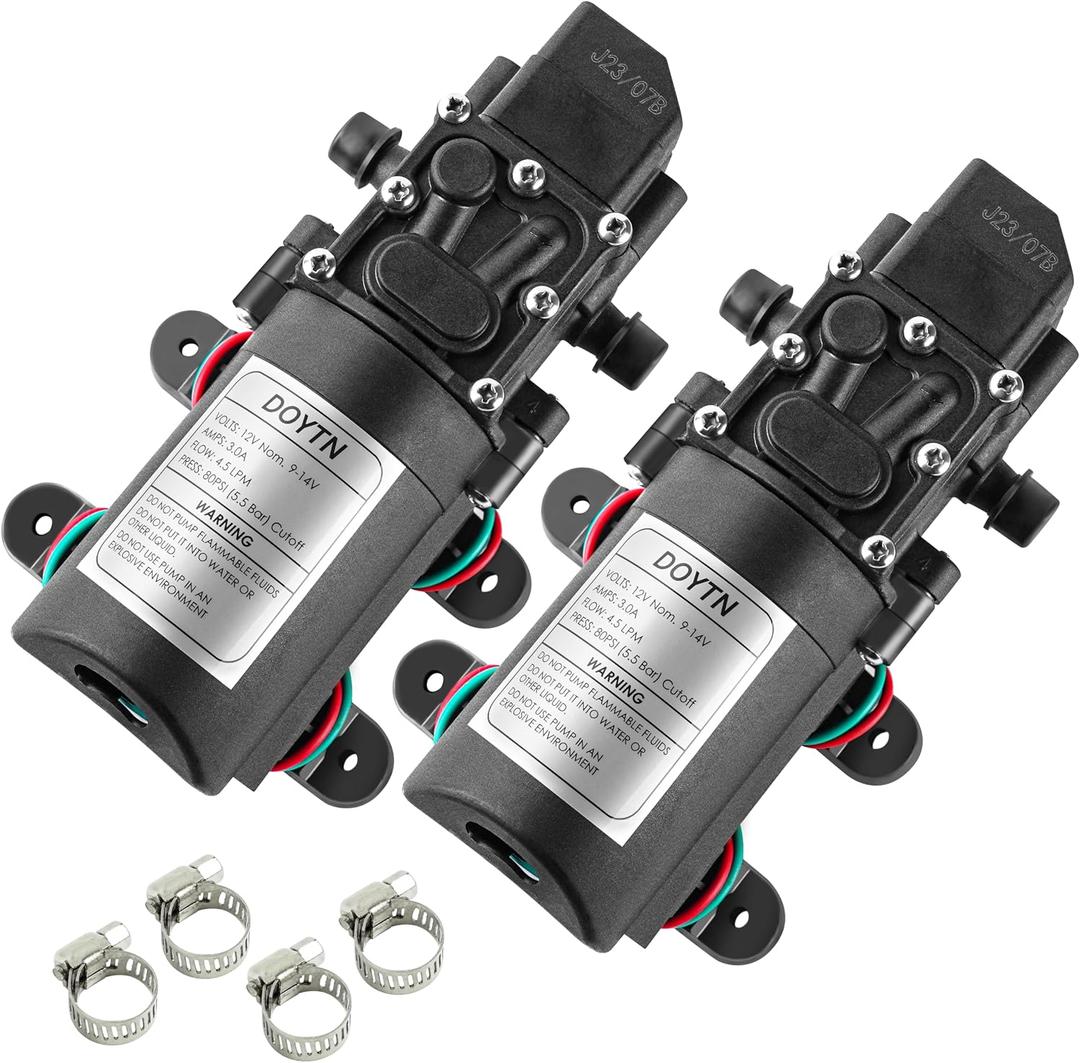 12V Diaphragm Water Pump 1.2 GPM 80 PSI Self Priming Sprayer Pump with Pressure Switch, Hose Clamps for RV, Camper, Marine, Boat, Garden, Car Wash Set of 2