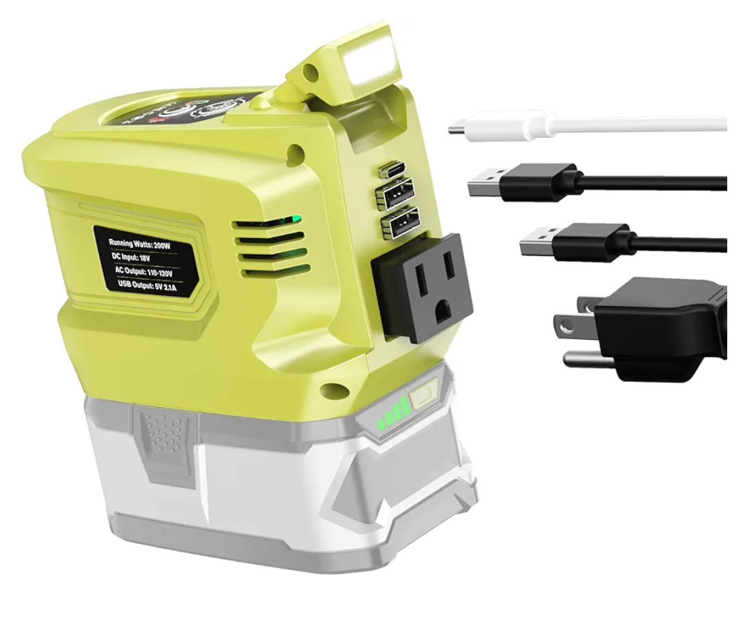 VoLtTech Real 200W Power Inverter Compatible with Ryobi 18V Battery, 18V to 110V120V, Portable Phone Charger with USB Charger Adapter, 2 USB Ports & 1 TypeC & 1 AC Outlet (No Battery)