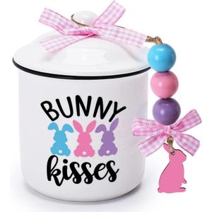 Nefelibata Easter Tiered Tray Decor Bunny Kisses Ceramic Canister Easter Candy Bowl Candy Dish Jar with Green Buffalo Plaid Bowknot Pastel Rabbits Bunny Table Centerpiece Spring Decor Gift For Easter