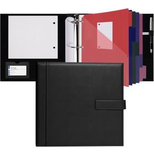 POPRUN PU Leather 1.5 Inch 3 Ring Binder, Professional Business Organizer- Includes PP Dividers, 100GSM / Grade AA Filler Papers, Card &Sticker for Tab- Ideal for Office Presentation Meetings, Black