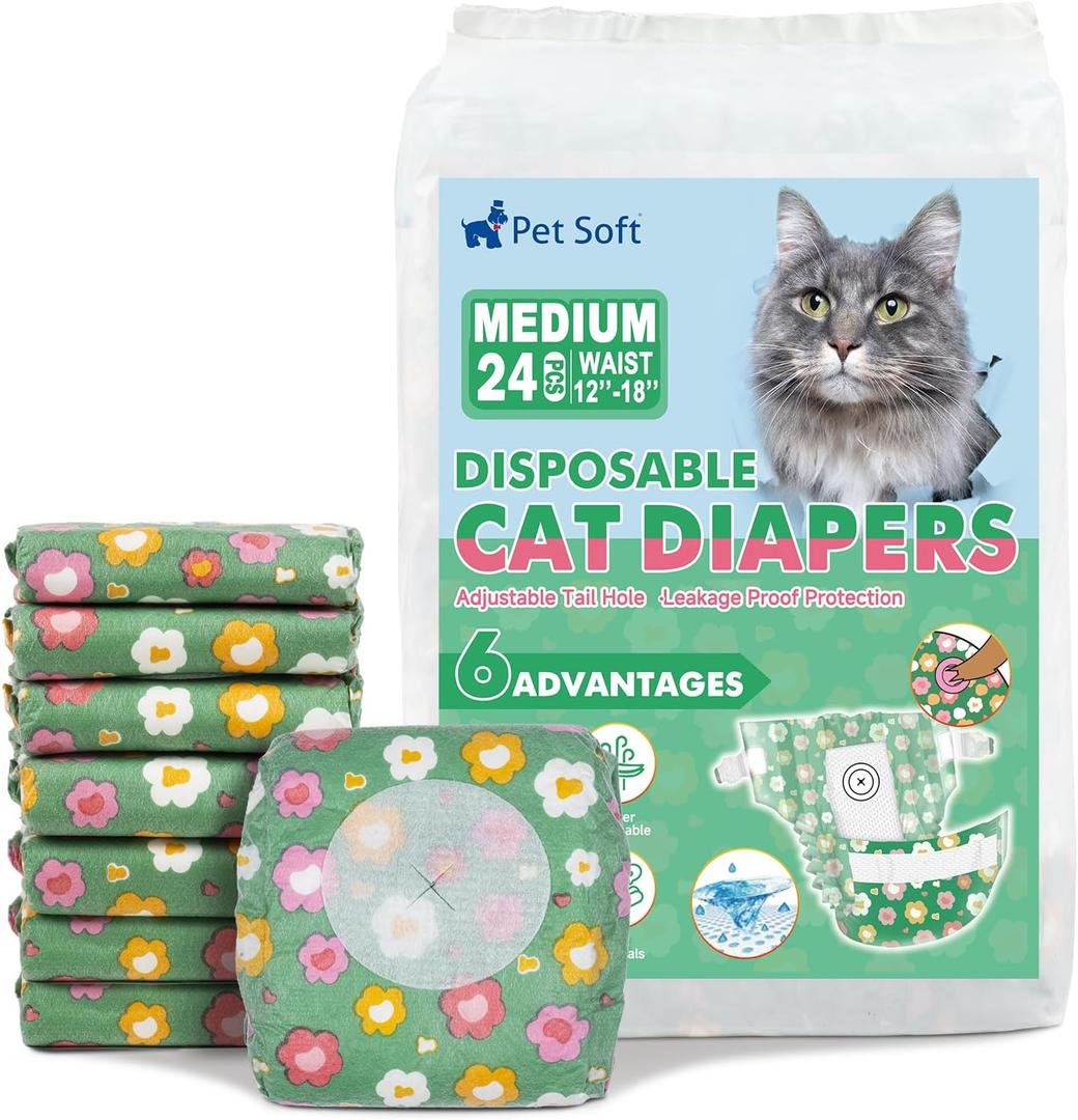 Pet Soft Disposable Cat Diapers - Diaper for Female & Male Cats, Puppy Doggie Diapers for Female Dogs with Adjustable Foam Tail Hole, Medium (24Pcs, GN Flowers)