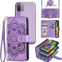 Asuwish Phone Case for Google Pixel 4 XL Zipper Wallet Detachable Cell Cover with Tempered Glass Screen Protector Crossbody Strap Flower Card Holder Slot Pixle 4XL Pixel4XL 4LX LX Women Girls Purple