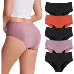 ToVii Leakproof Period Underwear for Women Heavy Flow Seamless Period Panties High Absorbent Menstrual Underwear 5 pack (Large, Black+orange+bean Paste)