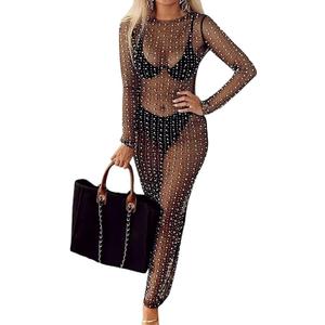Willow Dance Women's Sheer Mesh Pearl Rhinestone Cover Up Beach Dress Swimwear Bikini Swimsuit Bathing Suit Coverups (Black) Medium