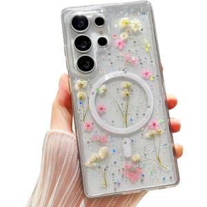 Real Flowers for Samsung Galaxy S25 Ultra Case Cute [Magnetic and Wireless Charging] Glitter Phone Cover with Pressed Dried Floral, Drop Protection Case for Women Girls - Clear 6.9"