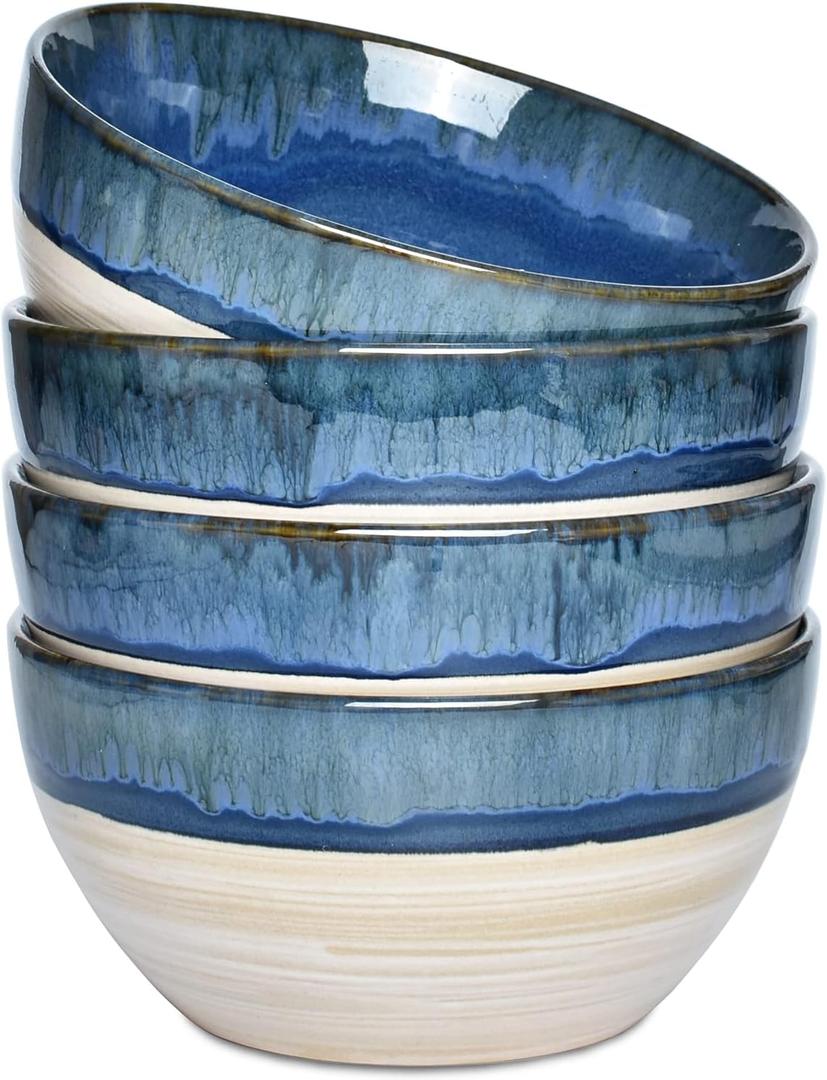 Bosmarlin Stoneware Soup Bowl Set of 4, 26 Oz, Cereal Bowl for Oatmeal, Dishwasher and Microwave Safe, Reactive Glaze (Deep blue, 6 in)