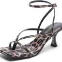 DREAM PAIRS Women's kitten Low Strappy Lace Up Heels Open Square Toe Thong Ankle Strap Heels Sexy Fashion Comfort Dress Shoes Party Sylvestra Pumps Heeled Sandals (7.5, Leopard)