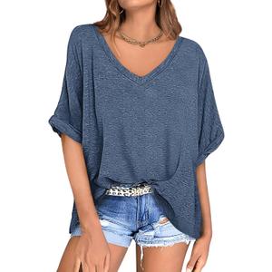 UEU Womens Oversized T-Shirts Summer V Neck Casual Shirts Short Sleeve Workout Tunic Tops (Blue, S)