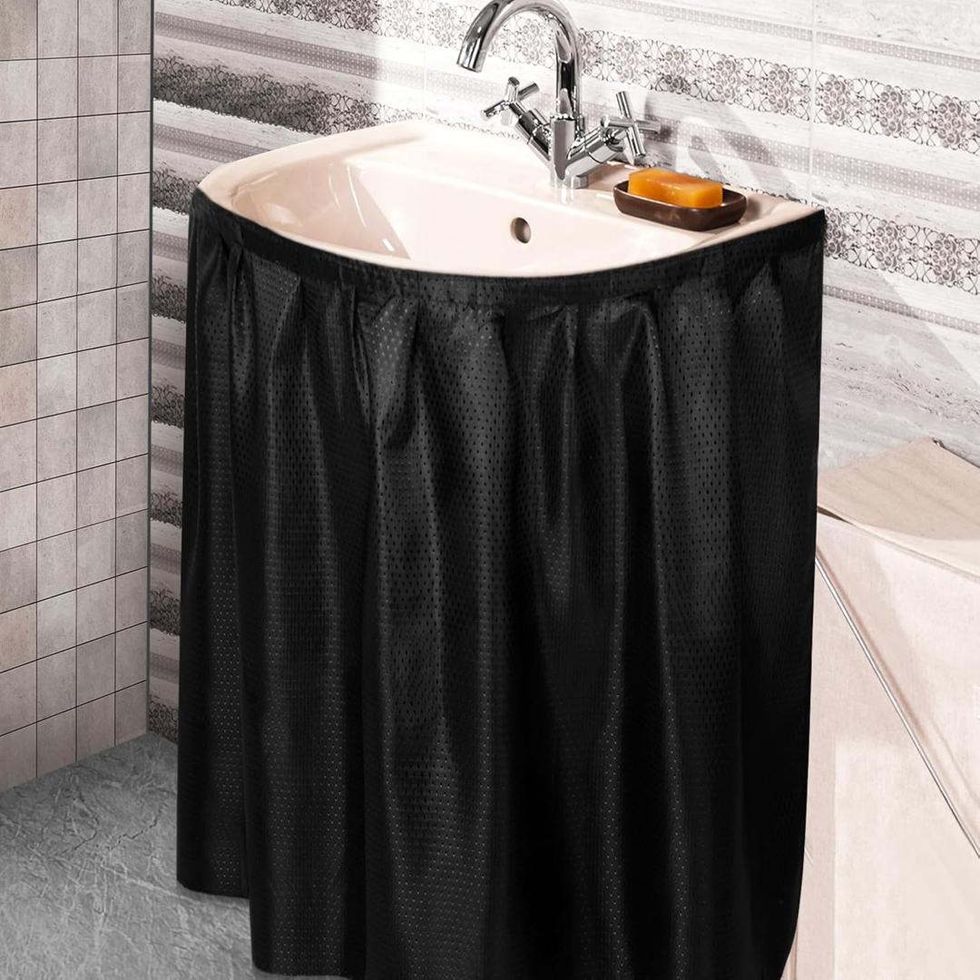Fabric Sink Skirt Diamond Bathroom Stitch Self Stick Adhesive Waterproof Fabric Under Sink Curtain Skirt 55 x 32 Inch Adds Bathroom Storage(Black, Classic Style)