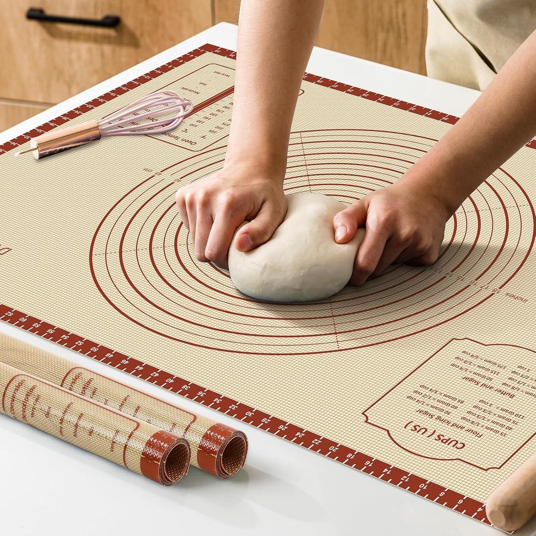 Silicone Baking Mat,36" x 24" Extra Thick Large Non Stick Sheet Mat with Measurement Non-slip Dough Rolling Mat,Reusable Food Grade Silicone Counter Mat for Making Cookies,Macarons,Bread and Pastry (Red)
