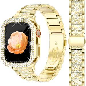 Bling Watch Bands with Bling Case for Women Compatible with Apple Watch Band 40mm Elegant Dressy Jewelry Replacement Metal Link Wristband Protector Cover for iWatch Series 6/5/4/SE Gold