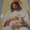 KYHDCJUB Jesus and Lamb Wall Art Jesus Saves the Lost Lamb Painting Christian Picture Wall Decor God Embraces Sheep Picture Prints Artwork for Living Room Bedroom Church 16x24 Inch Ready to Hang