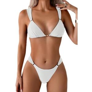 QJQ Women's 2 Piece Cheeky Bikini Sets Tie Back Ring Linked Brazilian Swimsuit Sexy Triangle Bathing Suit, L