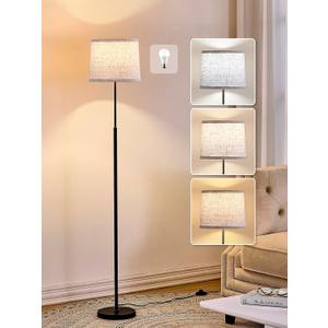 60" Modern Floor Lamp for Living Room Bedroom, Standing Lamp with Oatmeal Linen Lampshade, Tall Lamp with A19 9W 3 Color Temperature Bulb, Foot Switch Control, Black