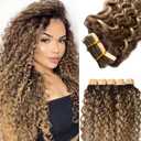 24 Inch Tape in Hair Extensions Water Wave Real Human Hair Medium Brown to Honey Blonde 20pcs 50g Loose Wave Brazilian Human Hair Extension Invisible Skin Weft Tape on Extension for Women