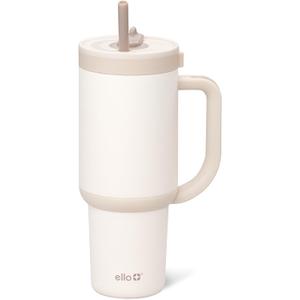 Ello Oasis 30 oz Tumbler with Handle & Retracting Straw | Reusable Insulated Stainless Steel Cup 100% Leakproof, Gifts for Teens Women Men | Keeps cold for 24 Hours, Cup Holder Friendly, Cream Tonal