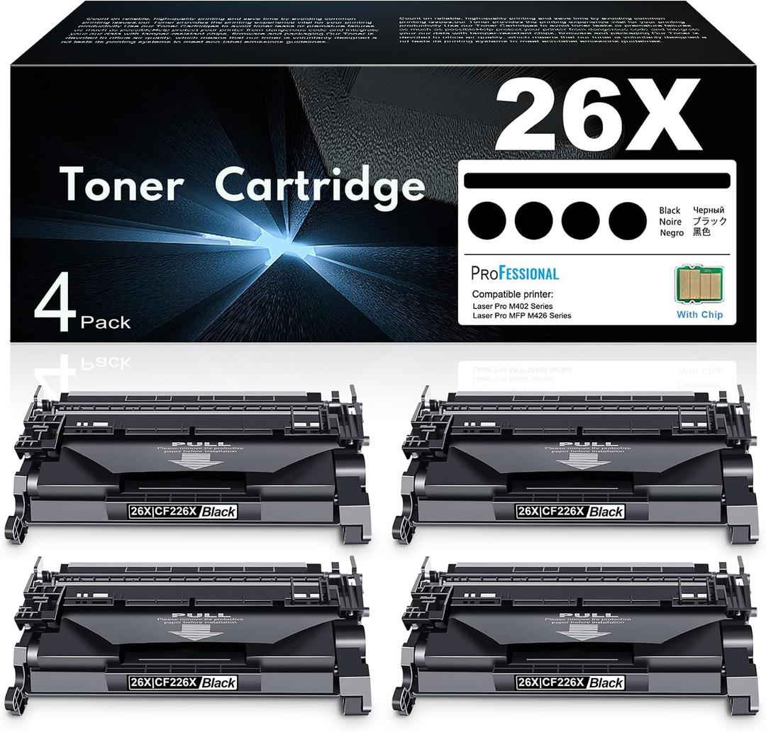CF226X 26X Black High-Yield Toner Cartridge | 26X CF226X Replacement for HP 26X Works with Laser Pro MFP M427dw M426m M426fdn M426dw; Laser Pro M402 M403 Series Printer 4-Pack (with Chip)