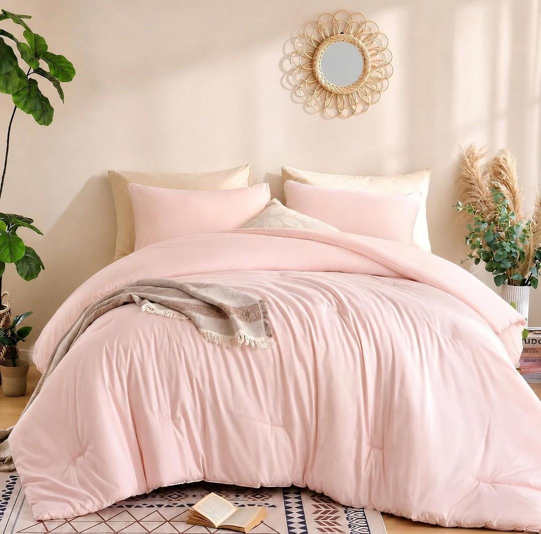 Weigelia Pink Comforter Set Full Size, All Season Lightweight Bedding Set Soft Microfiber Full Comforter Set, Machine Washable, Blush Pink Solid Color Bed Set (1 Comforter, 2 Pillowcase)