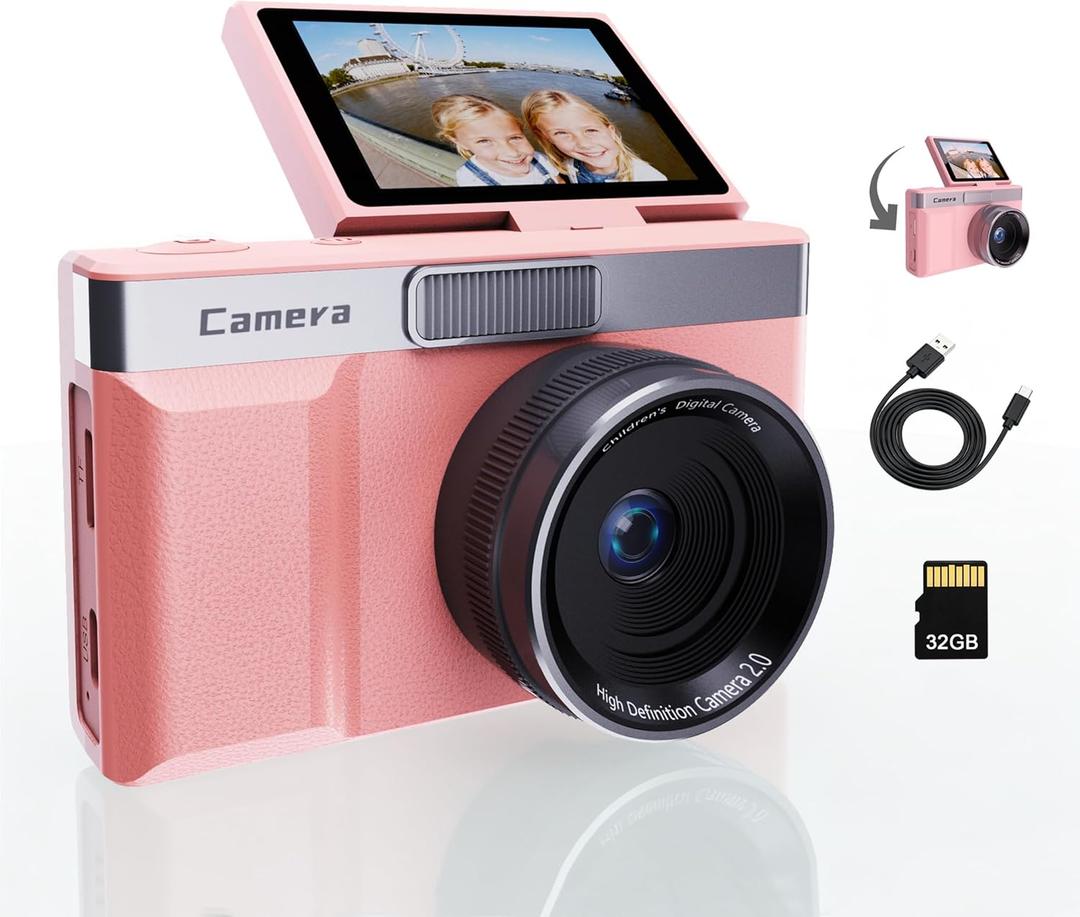 Pink Digital Camera with 2" Flip Screen for Selfie, 1080P Point and Shoot Digital Camera with 32GB Card, 8X Zoom, Portable Vlogging Camera for Kids, Teens & Beginners