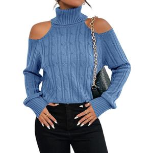 Langwyqu Womens Cold Shoulder Turtleneck Sweaters 2024 Fall Long Sleeve Soft Cable Knit Pullovers Sexy Jumper Tops (Size XL , Blue)
