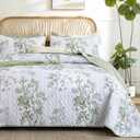 WONGS BEDDING Green Floral Quilt Set Queen,Botanical Leaf & Butterfly Pattern Quilts Bedspread Coverlet Set,Soft Beautiful Farmhouse Plants Quilts Bedding Set, Queen 96"90"