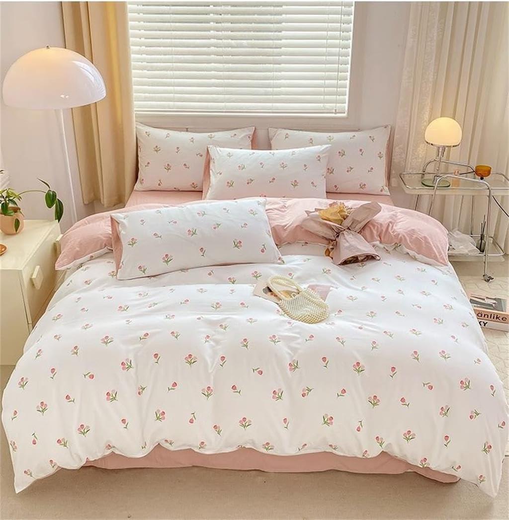 Floral Duvet Cover King Size Pink White Botanical Floral Bedding Set 3 Pieces Soft Breathable Garden Aesthetic Flower Comforter Cover with 2 Pillow Cases