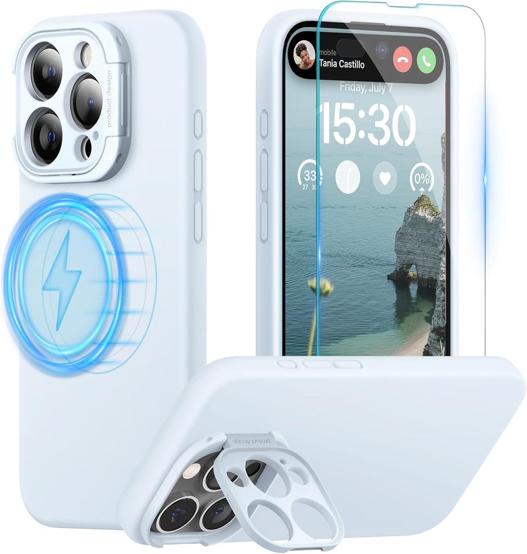 pcgaga for iPhone 15 Pro Max Case with Camera Stand, Compatible with MagSafe and Screen Protector, Phone Strap Liquid Silicone Shockproof Full Body Protection with Microfiber Lining 6.7 (Light Blue)
