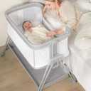 Baby Bassinet Bedside Sleeper with Wheels and Storage Tray, 4-Side Mesh Bedside Bassinet for Baby,Height Adjustable Bedside Crib for Newborn/Infant, Light Grey, Mattress Included