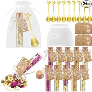 Hoolerry 24 Set Tea Party Favors Bulk Rustic Wedding Favor for Guest with 4.13'' Glass Tea Jar Stainless Steel Teaspoon Gift Tag Drawstring Organza Bag and Rope, Thank You Gift for Wedding Party
