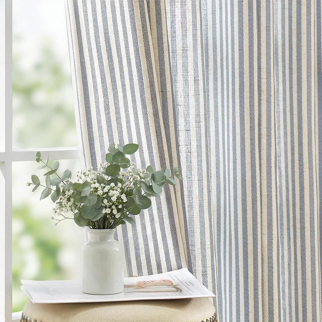 jinchan Linen Curtains for Living Room Blue on Beige Striped Curtains for Bedroom Ticking Stripe Pattern Light Filtering Farmhouse Cottage Core Rustic Grommet Window Treatment 96 inches Long 2 Panels