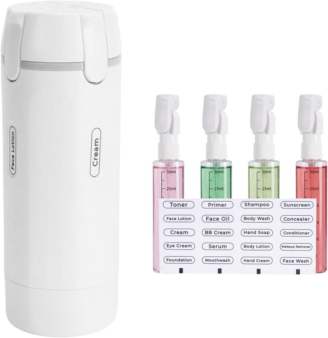 4 in 1 Travel Dispenser Bottle, 4 Pack 30ML Pump Bottle for Toiletries Leak Proof Travel Size Containers, Portable Containers for Shampoo Lotion Conditioner Cream (White)