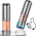 CIRCLE JOY Rechargeable Electric Salt and Pepper Grinder Set with Base, Stainless Steel Pepper Mills with 95ml Container, White LED Light and External Adjustable Coarseness, Silver