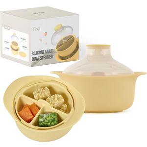 48oz Platinum Silicone 3 Compartmented Microwave Steamer Pot with Handle & Lid - Korean 100% Food-Grade Steamer Bowl, Heat-Resistant Cooker with Steam Holes, Easy Clean, Dishwasher Safe, Yellow