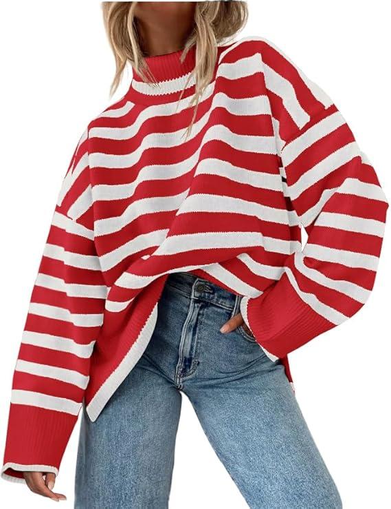 AGSEEM Fall Sweaters for Women Pullover Long Sleeve Turtleneck Striped Cable Knit Side Slit Tops Oversized Sweater Trendy L